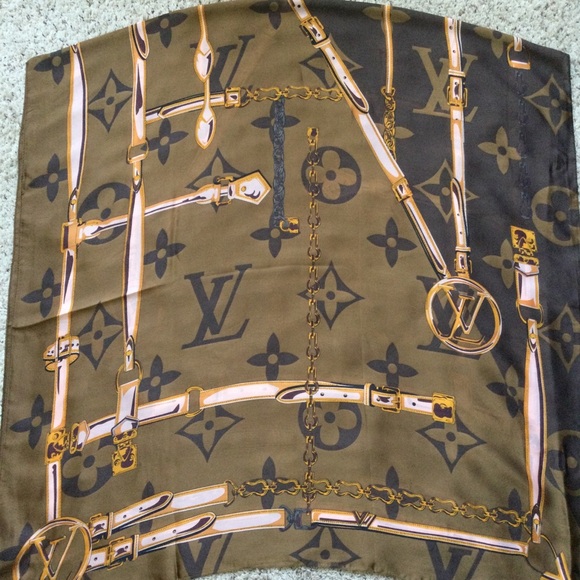LV Silk Scarf Shawl Lock and Chain Brown Tan Print - Picture 4 of 6